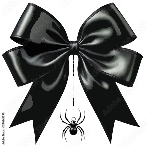 Shiny black bow with hanging spider isolated on transparent background