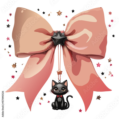 Cute black cat hanging from a pink bow with stars isolated on transparent background