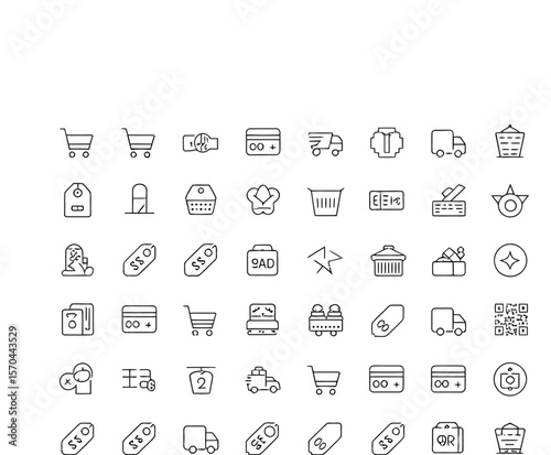 Display of shopping related icons on a white interface with navigation and a shopping title above
