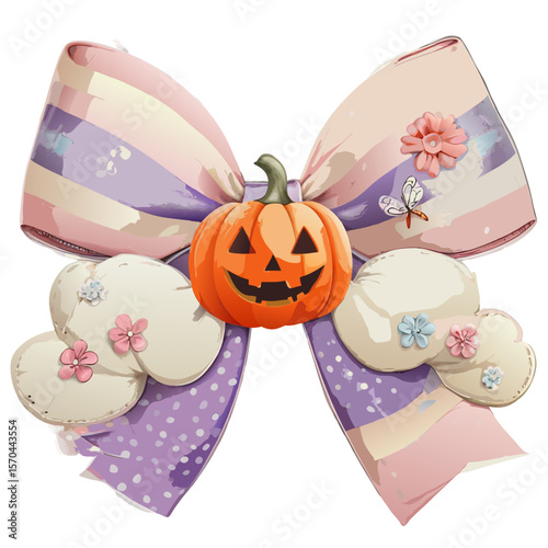 Cute halloween jack o lantern bow with clouds and flowers isolated on transparent background