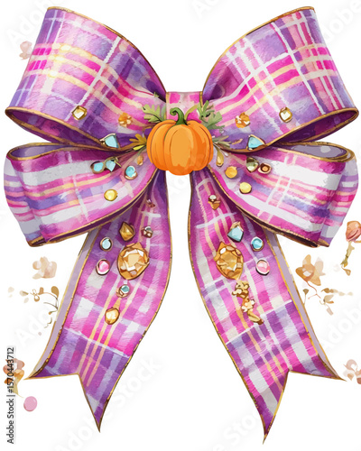 Purple plaid bow with pumpkin and jewels isolated on transparent background