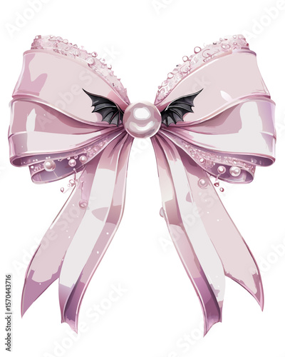 Pink satin bow with bat wings and pearls isolated on transparent background