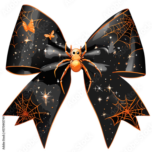 Halloween black bow with spider and spiderwebs isolated on transparent background