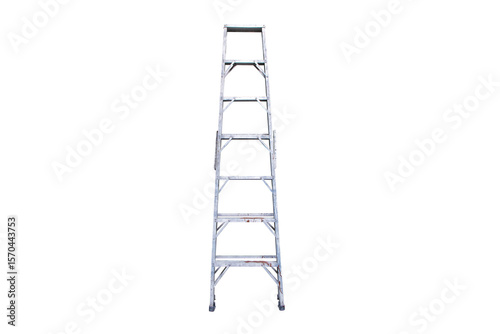 Old ladder metal aluminum tall isolated on cut out PNG or transparent background. For construction site, preparing outdoor task, emphasizing utility and equipment for renovation and construction work.