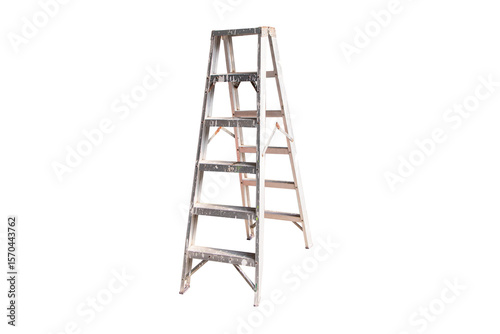 Old ladder metal aluminum small. Construction site, preparing outdoor task, emphasizing utility and equipment for renovation and construction work. Isolated on cut out PNG or transparent background.