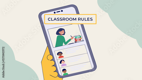 A hand holding a smartphone displaying a classroom rules interface with teacher and student avatars online