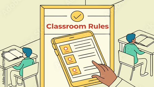 Illustration depicting students at desks, classroom rules sign, and a hand interacting with a phone screen