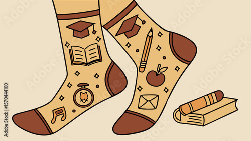 Illustration of academic themed socks with graduation caps books and other school related symbols design