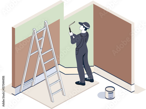 Person painting wall with roller and ladder vector
