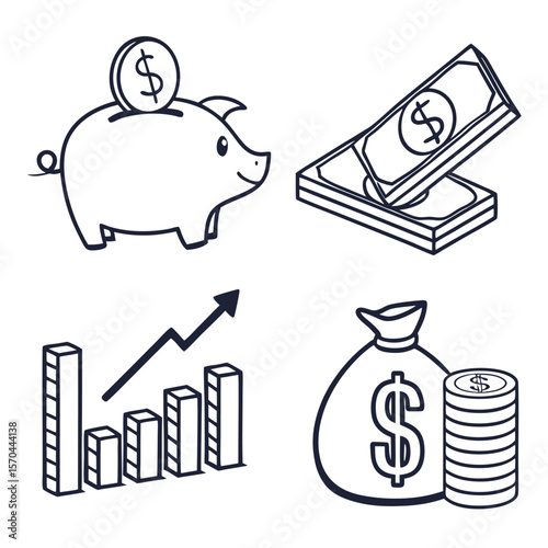 A line drawing illustration showing a piggy bank, money, a graph, and a money bag with a stack of coins