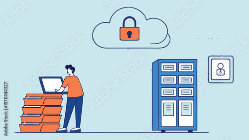 Person using laptop near filing cabinet and cloud security vector
