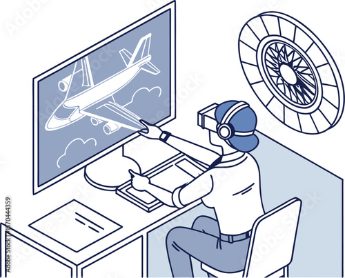 Person wearing V R headset interacts with airplane simulation virtual reality screen