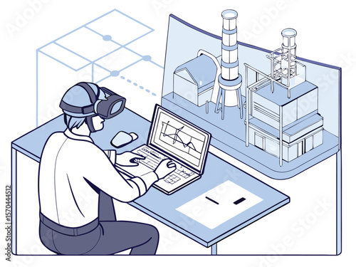 Person wearing virtual reality headset interacting with digital factory model computer
