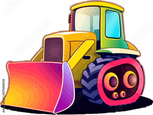  Illustration of a bulldozer in a bright color palette