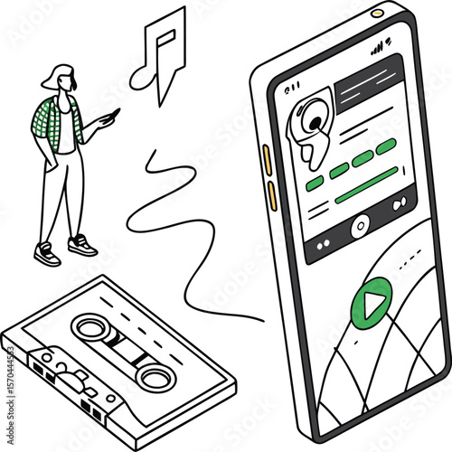 Person with cassette tape and smartphone playing music listening
