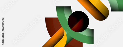 Abstract composition features curved shapes, vibrant colors. Overlapping forms create dynamic visual interest, modern aesthetic.