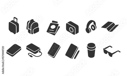 Travel Essentials Icon Set Suitcase, Backpack, Headphones, Books, and More