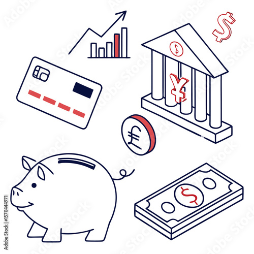Isometric illustration of financial elements including money, bank, and piggy bank on white background