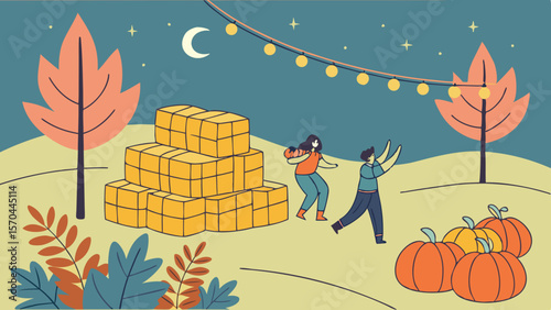 Illustration of a harvest scene with hay bales, pumpkins, people, and fall foliage at night time