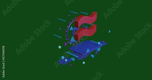 Red approximately equal symbol on a pedestal of abstract geometric shapes floating in the air. Abstract concept art with flying shapes in the center. 3d illustration on green background