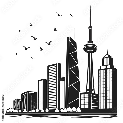 a cityscape of a bustling modern metropolis, tall skyscrapers and towers silhouetted against a clear sky, birds flying overhead, digital illustration, black and white, minimalist style

