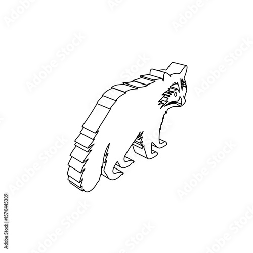 The outline of a large raccoon symbol is made with black lines. 3D view of the object in perspective. Vector illustration on white background