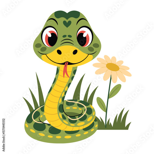 Cute cartoon snake character with green and yellow scales

