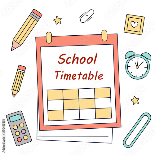Illustration of a school timetable with pencils, calculator, alarm clock and other school related items