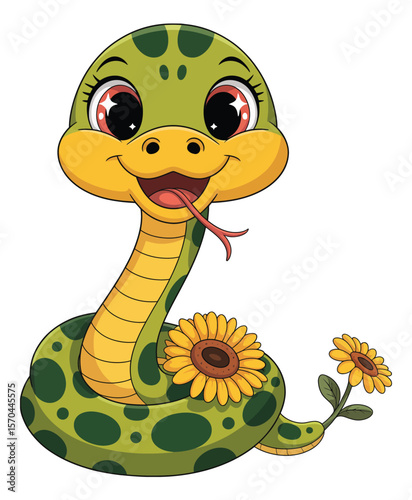 Cute cartoon snake character with green and yellow scales

