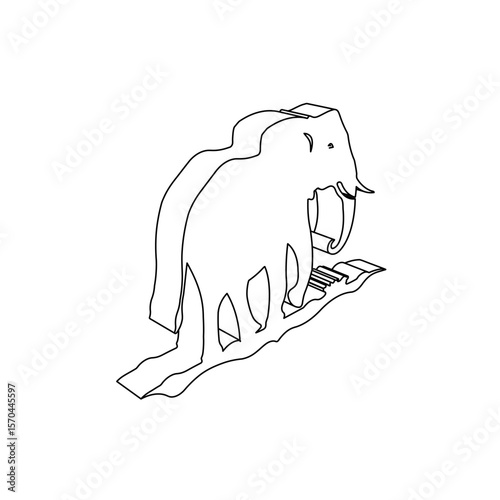 The outline of a large wild elephant symbol is made with black lines. 3D view of the object in perspective. Vector illustration on white background
