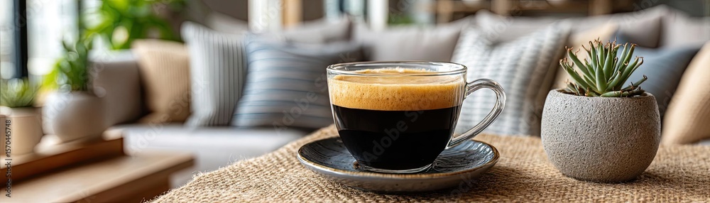 Daily quiet coffee with signature brew and mellow concept. A cozy coffee scene with a cup of espresso and plants. Daily quiet coffee with signature brew and mellow concept. A cozy coffee scene with a cup of espresso and plants.