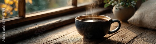 Daily quiet coffee with signature brew and mellow concept. A steaming cup of coffee on a rustic wooden table by a window.