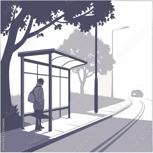 A person waits at a bus stop on a misty road with trees and a car in the distance in a monochrome image