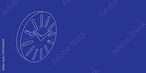 The outline of a large clock symbol made of white lines on the left. 3D view of the object in perspective. Vector illustration on indigo background