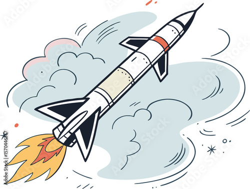 Rocketship blasting through clouds with fiery exhaust spaceship launch