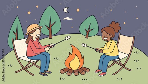 Two friends roasting marshmallows over a campfire at night under the moon and stars in the forest