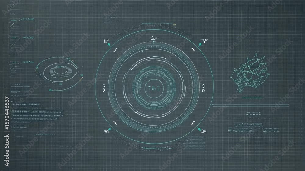 Schematic diagram with geometric shapes and text on a dark gray grid background design layout