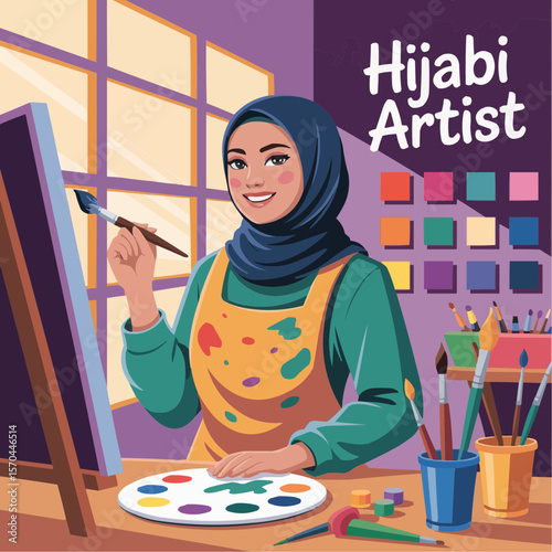 Young Hijabi Illustrator Holding Paintbrush Surrounded by Color Swatches