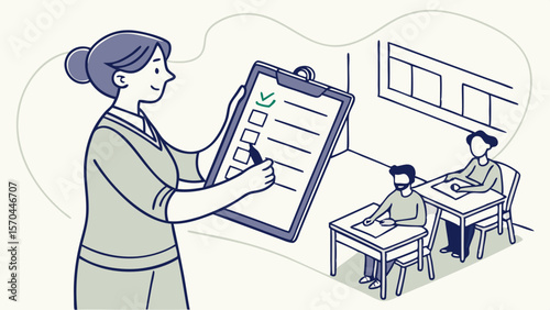 Illustration of a teacher with a clipboard checking off items in a classroom with students at desks
