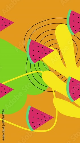 Animation of watermelon spinning over shapes on orange background