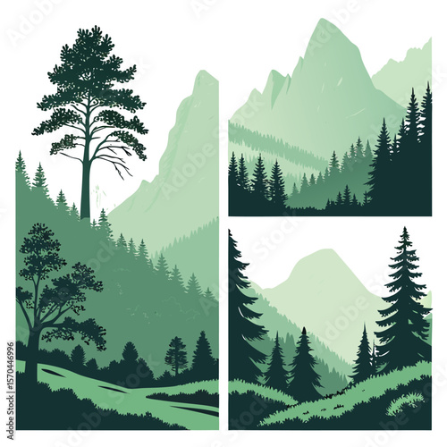 A set of three illustrations showcasing green shaded mountain landscapes with coniferous trees and foliage