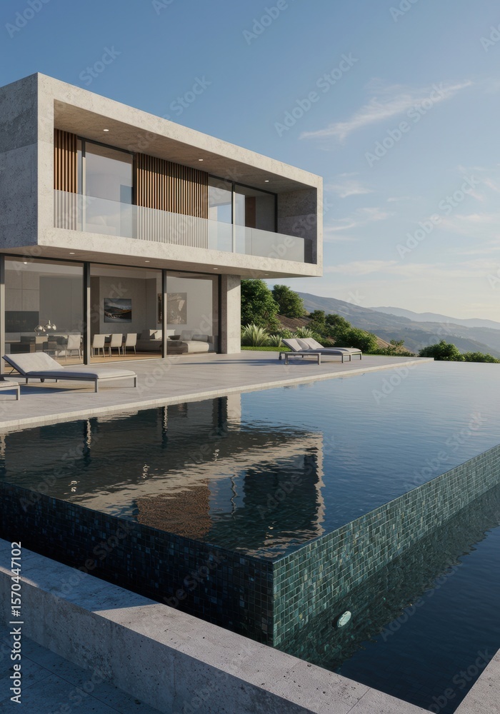 Obraz premium Modern house with a pool reflecting the sky and the house on a sunny day in the mountains