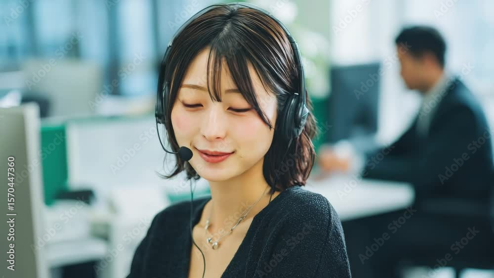 Young Asian woman with headset working at a call center