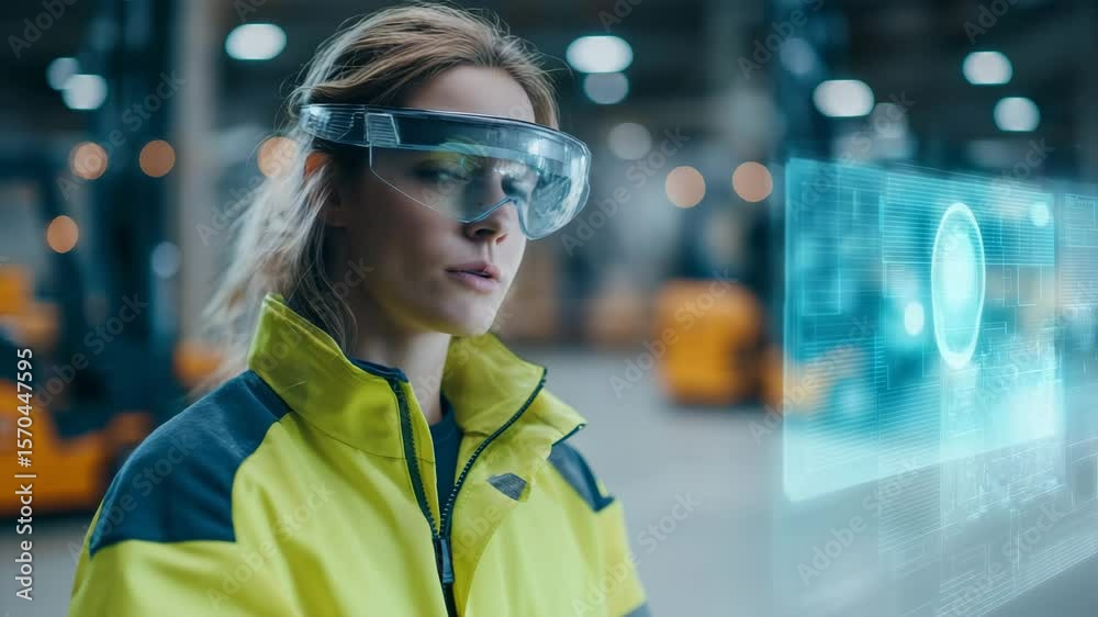 Digitale Fabrikarbeiter mit AR-Brille steuern Produktionsprozesse per Hologramm. Künstliche Intelligenz KI