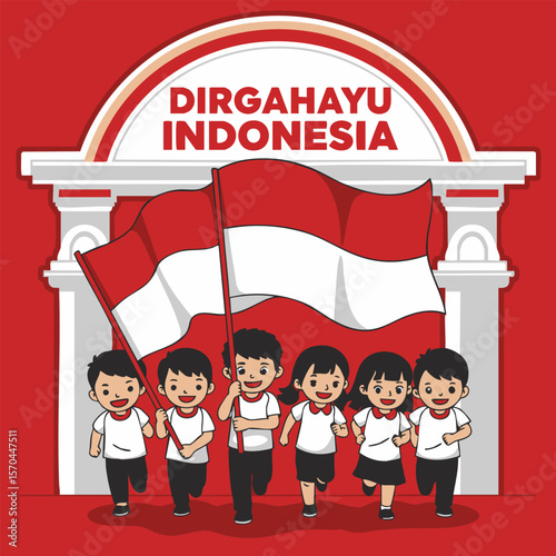children in red and white uniforms celebrating 17 august