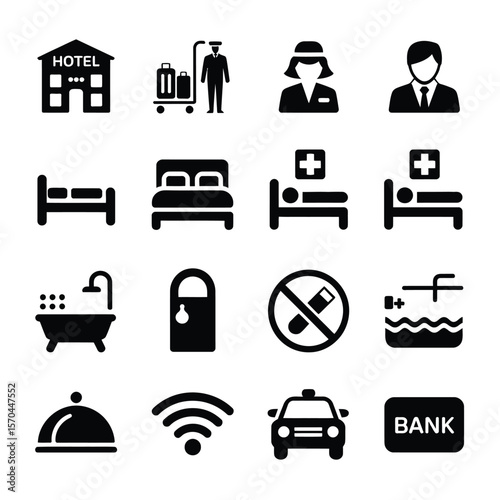 Hotel and Travel Icons in Black on White Background