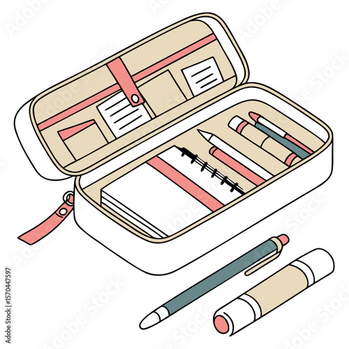 Isometric illustration of an open pencil case with stationery items and two additional pens outside it