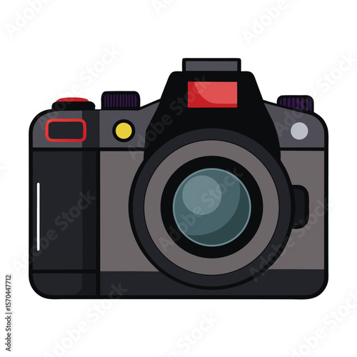 Modern digital camera with lens and red accents