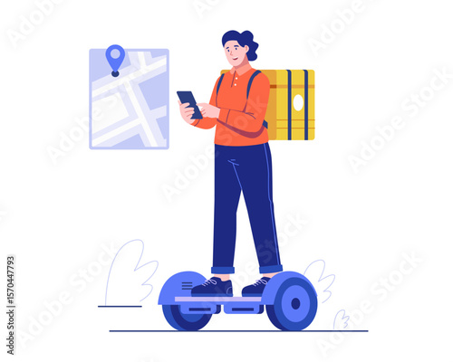 A female courier rides a self-balancing hoverboard while checking GPS on a smartphone. She carries a yellow delivery backpack, using eco-friendly transport for fast delivery. Flat vector illustration
