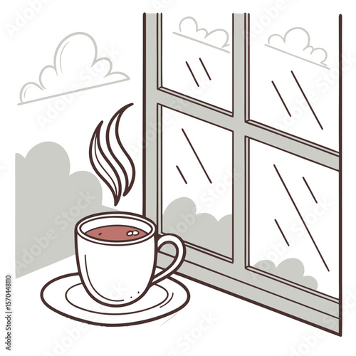 A cup of tea with steam on a saucer sits near a window with rain and clouds outside the glass pane